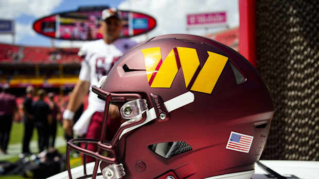 Aug 20, 2022; Kansas City, Missouri, USA; A detailed view of a Washington Commanders helmet prior to the game against the Kansas City Chiefs at GEHA Field at Arrowhead Stadium.